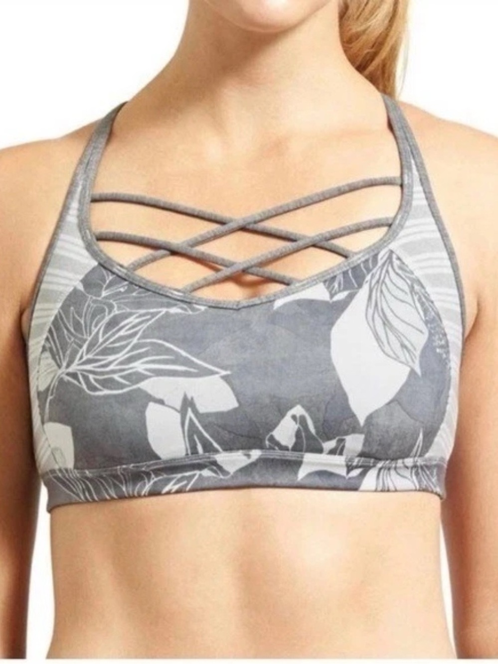 Athleta TROPICAL MIND OVER MAT Sports Bra # 591292 Grey Heather White Size M